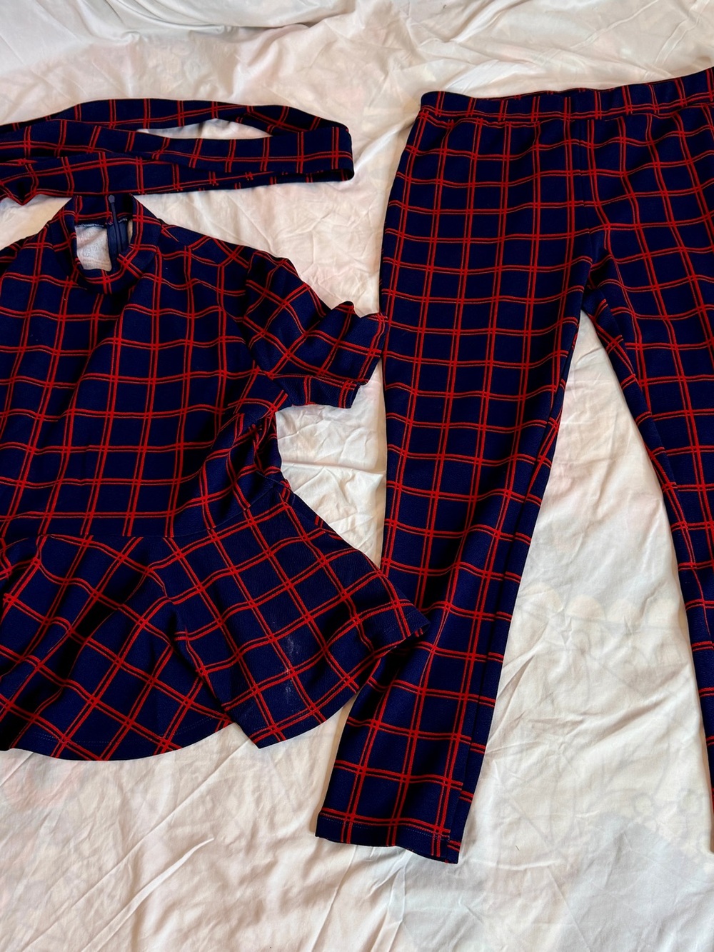SHEIN CURVE 1XL Navy Blue Red Plaid 3-Piece Set Tunic Top Pants & Headband